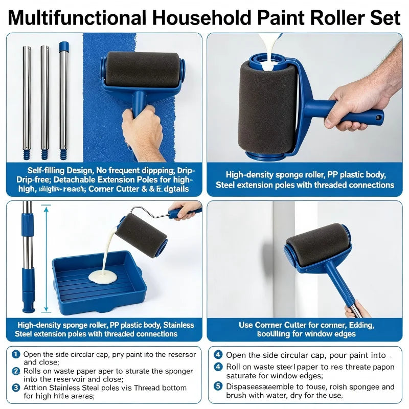 Professional DIY Home Painting Tool Kit Wall Decor Brush & Roller Combo Multi‑Function Corner Detail Brushes with Ergonomic Hand