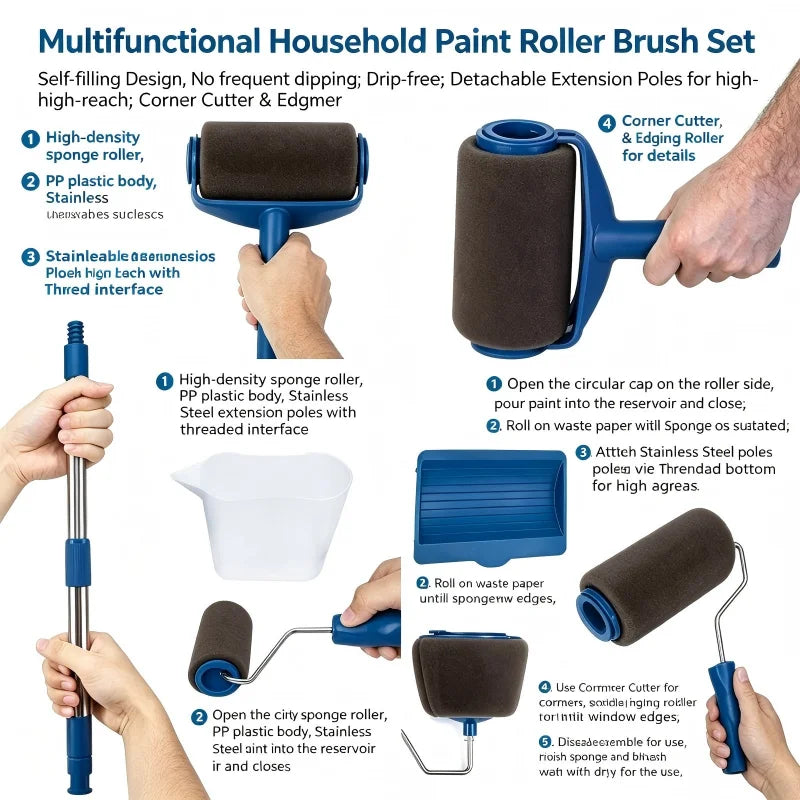 Professional DIY Home Painting Tool Kit Wall Decor Brush & Roller Combo Multi‑Function Corner Detail Brushes with Ergonomic Hand