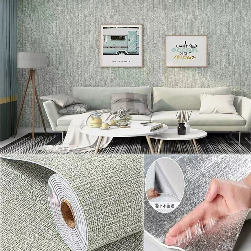 50cmX2.8M/10m Linen 3D Foam Self-adhesive Solid Color PVC Thickened Waterproof Background Wall Renovation Wallpaper Wall Sticker