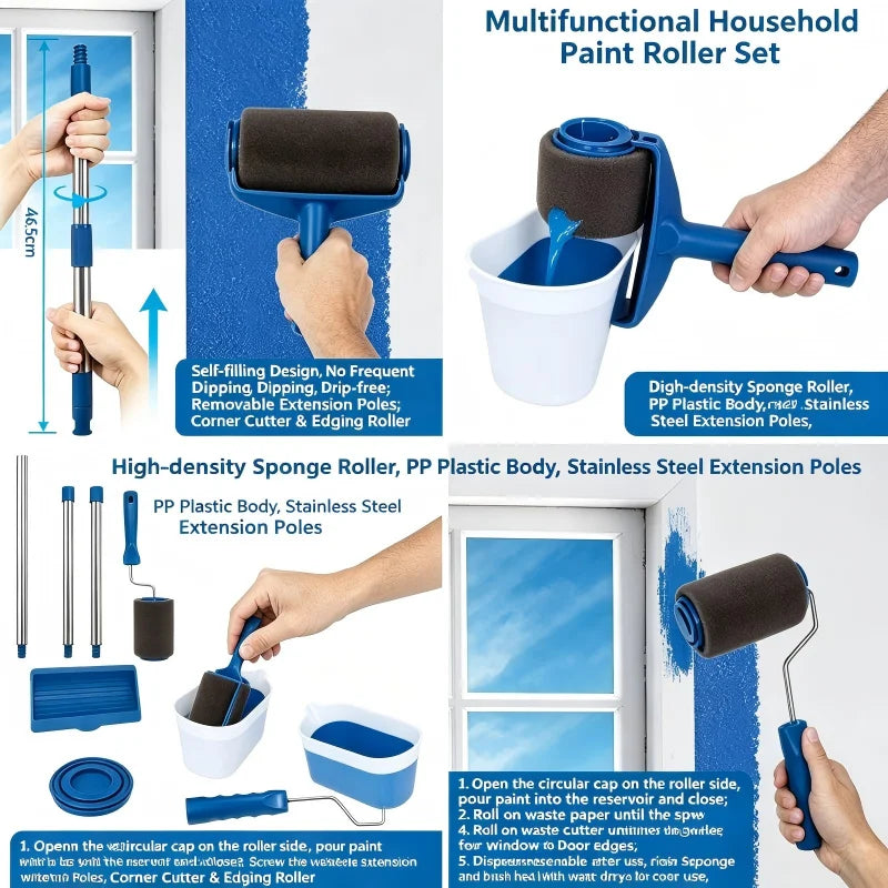 Professional DIY Home Painting Tool Kit Wall Decor Brush & Roller Combo Multi‑Function Corner Detail Brushes with Ergonomic Hand